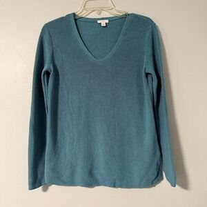 J Jill Teal Aqua Blue V Neck Knit Sweater Long Sleeve Casual Pullover